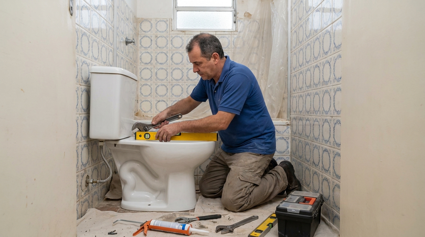 Técnico instalando vaso sanitário em Jaboatão dos Guararapes‑PE